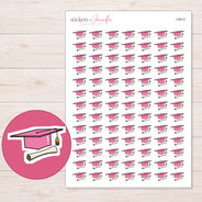 Pink Graduation Cap and Diploma Planner Stickers | I-9513 — 5 × 7 inch sheet and enlarged sticker detail