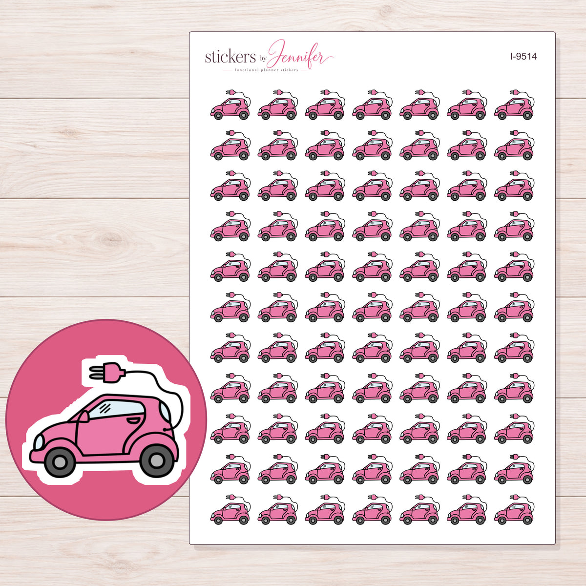 Pink Electric Car Planner Stickers | I-9514 — 5 × 7 inch sheet and enlarged sticker detail