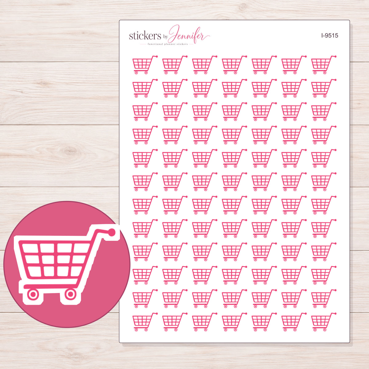 Pink Grocery Cart Planner Stickers | I-9515 — 5 × 7 inch sheet and enlarged sticker detail