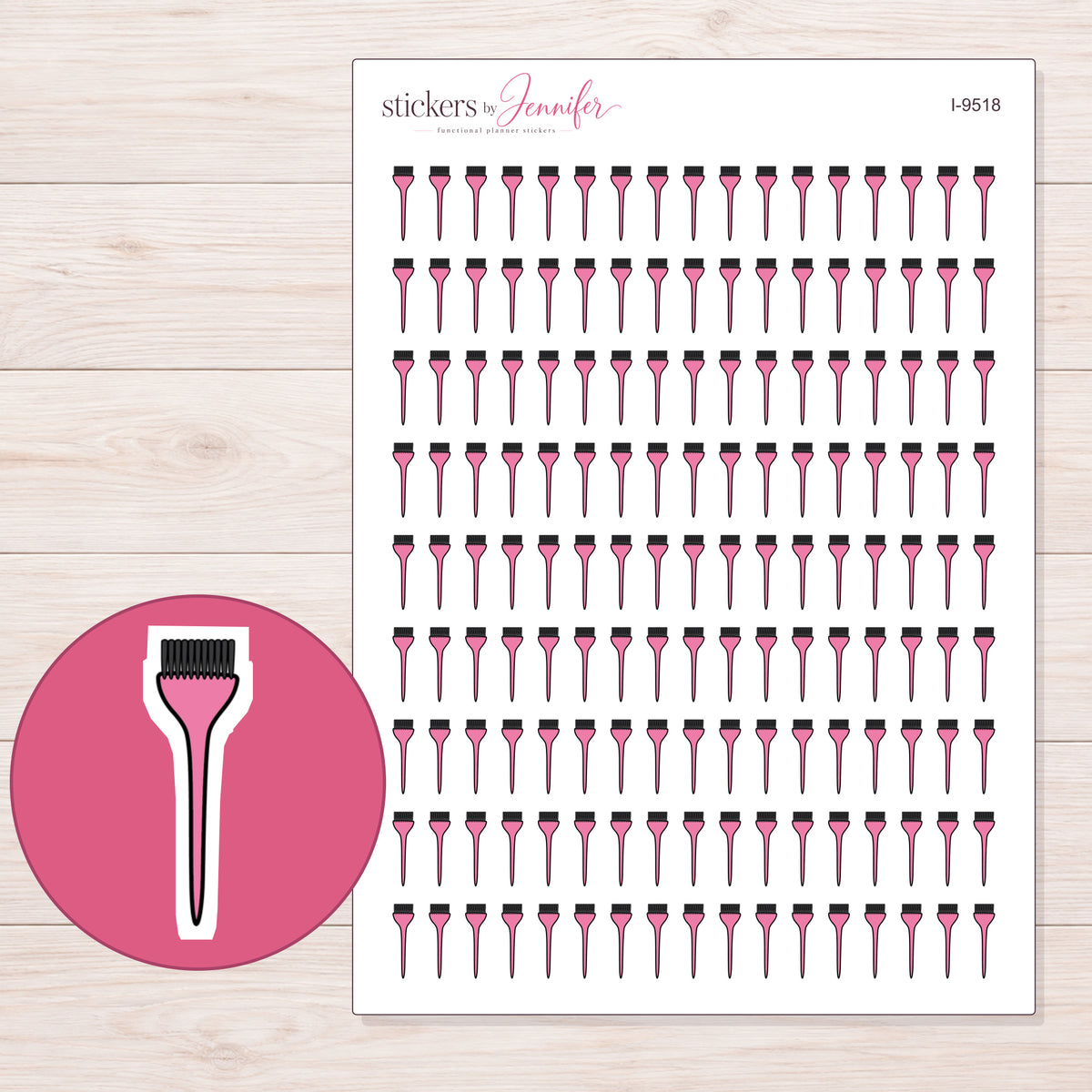 Pink Hair Color Brush Planner Stickers | I-9518 — 5 × 7 inch sheet and enlarged sticker detail