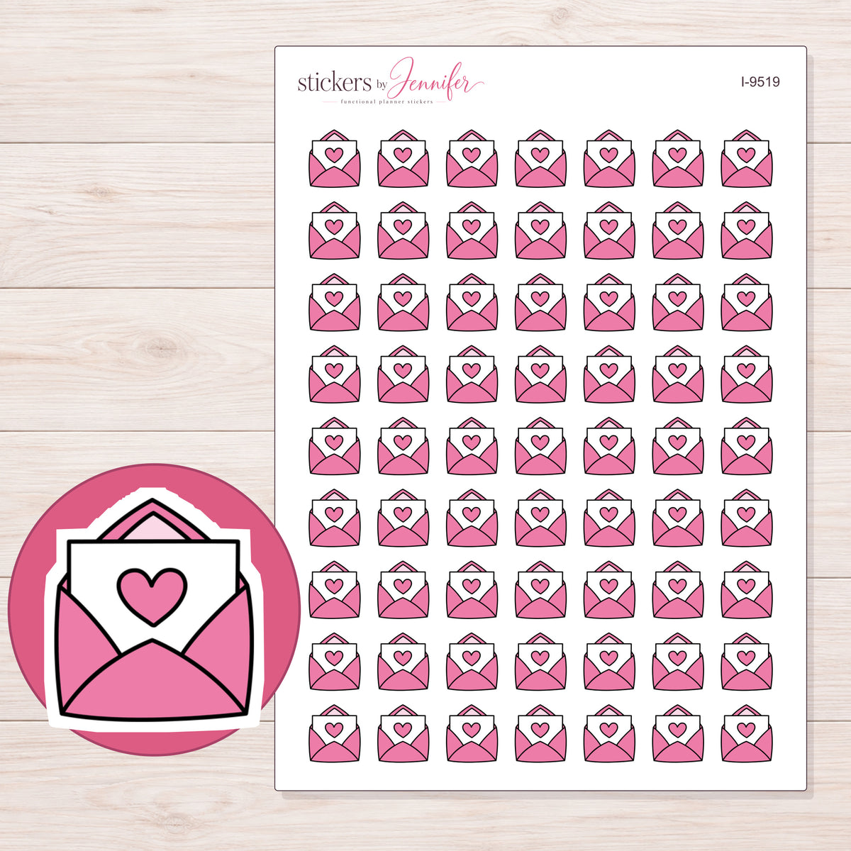Pink Heart Happy Mail Planner Stickers | I-9519 — 5 × 7 inch sheet and enlarged sticker detail