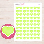 Lime Green Watercolor Heart Planner Stickers | I-9520 — 5 × 7 inch sheet and enlarged sticker detail