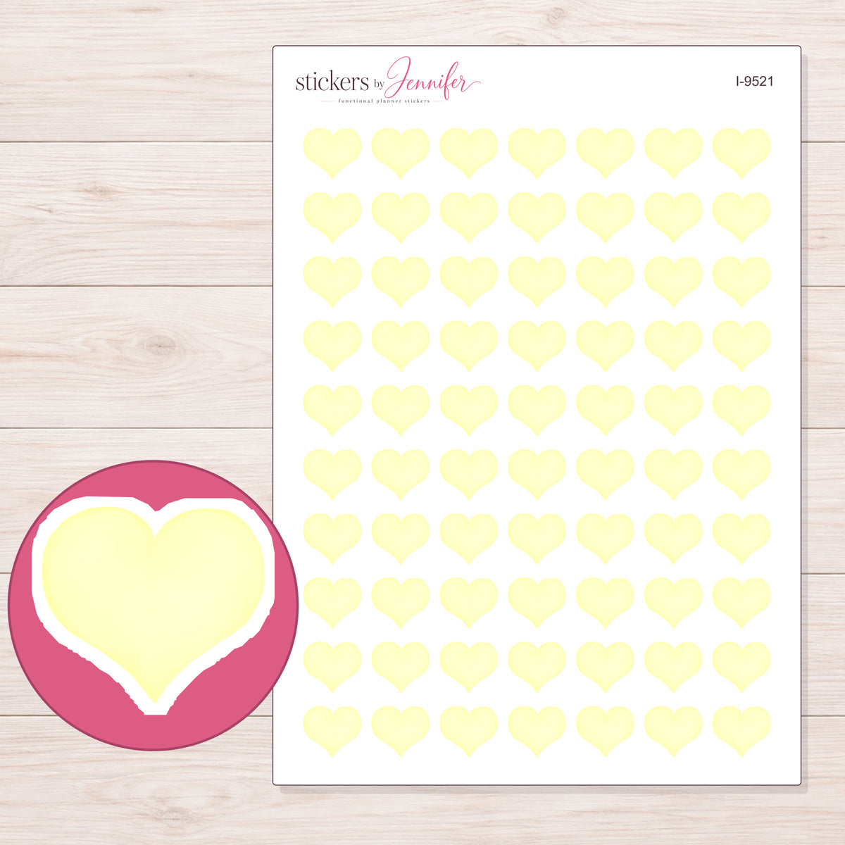 Pale Yellow Watercolor Heart Planner Stickers | I-9521 — 5 × 7 inch sheet and enlarged sticker detail
