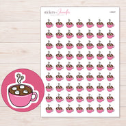 Pink Hot Chocolate Mug Planner Stickers | I-9527 — 5 × 7 inch sheet and enlarged sticker detail