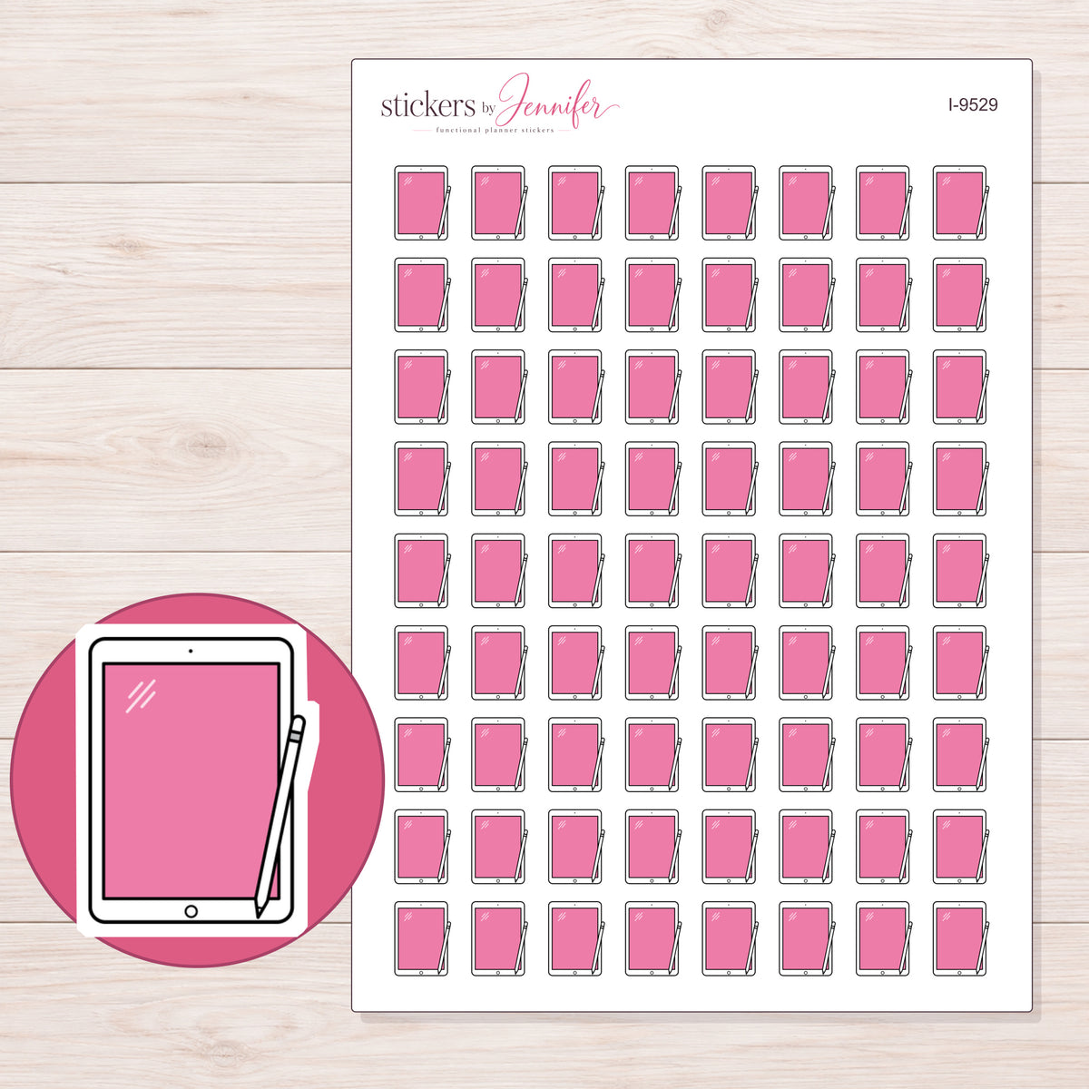 Pink Tablet and Stylus Planner Stickers | I-9529 — 5 × 7 inch sheet and enlarged sticker detail