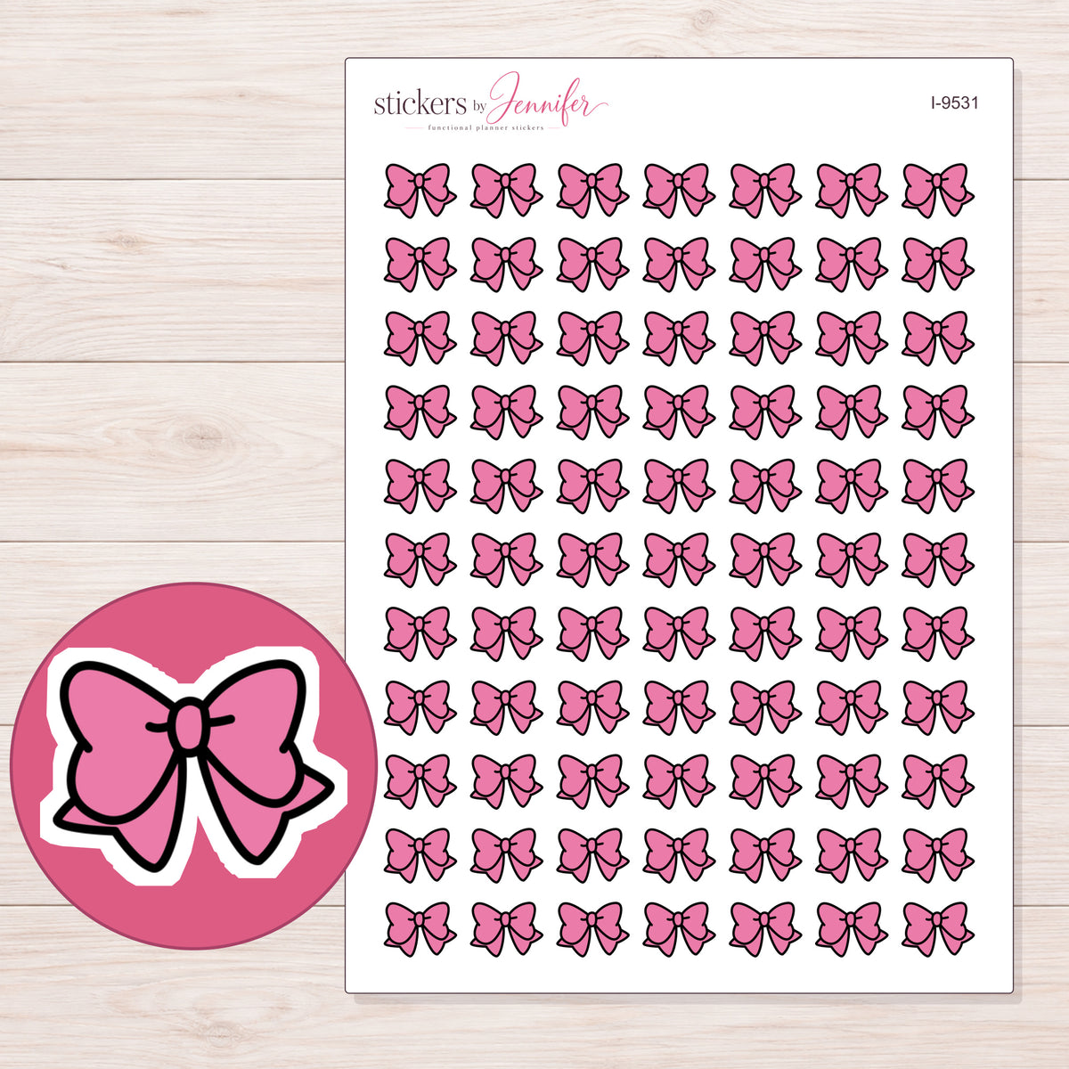 Pink Kawaii Bow Planner Stickers | I-9531 — 5 × 7 inch sheet and enlarged sticker detail