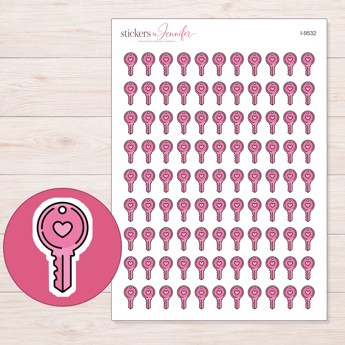 Pink Heart Key Planner Stickers | I-9532 — 5 × 7 inch sheet and enlarged sticker detail