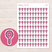 Pink Heart Key Planner Stickers | I-9532 — 5 × 7 inch sheet and enlarged sticker detail