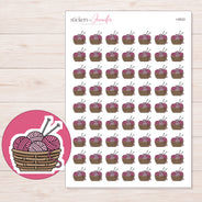 Pink Yarn Basket Planner Stickers | I-9533 — 5 × 7 inch sheet and enlarged sticker detail