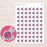 Pink Yarn Ball and Needles Planner Stickers | I-9534 — 5 × 7 inch sheet and enlarged sticker detail