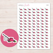 Pink Lawn Mower Planner Stickers | I-9540 — 5 × 7 inch sheet and enlarged sticker detail