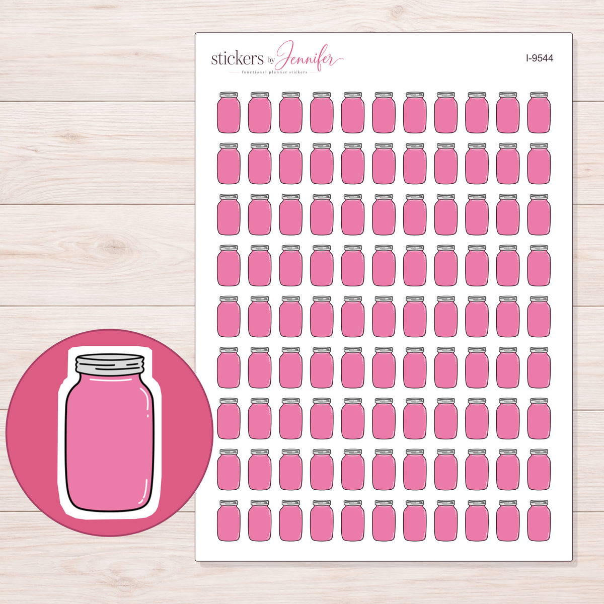 Pink Mason Jar Planner Stickers | I-9544 — 5 × 7 inch sheet and enlarged sticker detail