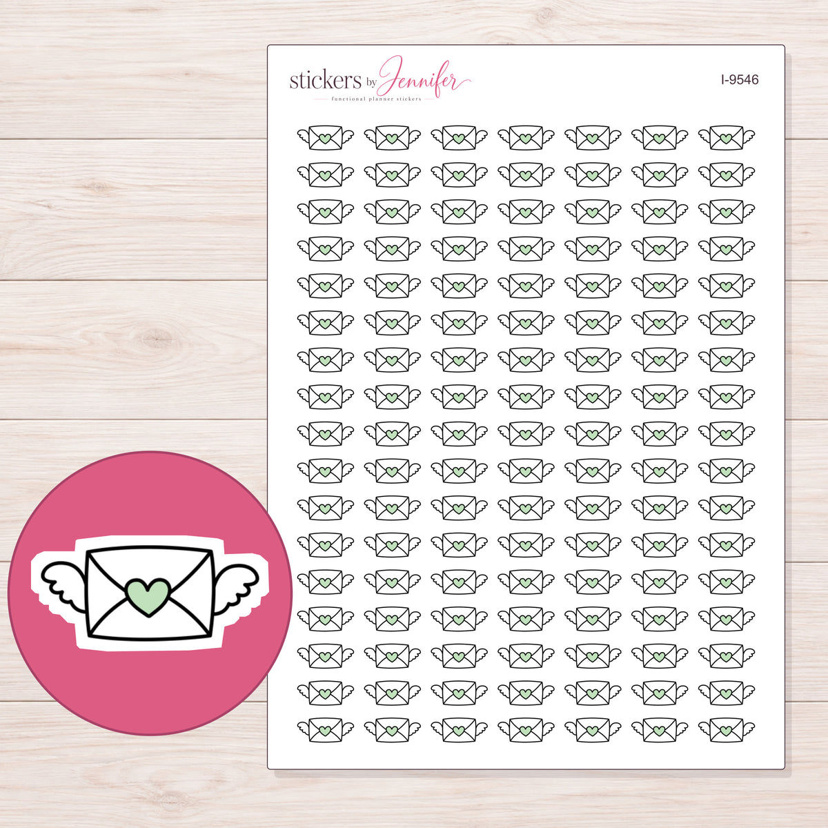 Mint Heart Envelope Planner Stickers | I-9546 — 5 × 7 inch sheet and enlarged sticker detail