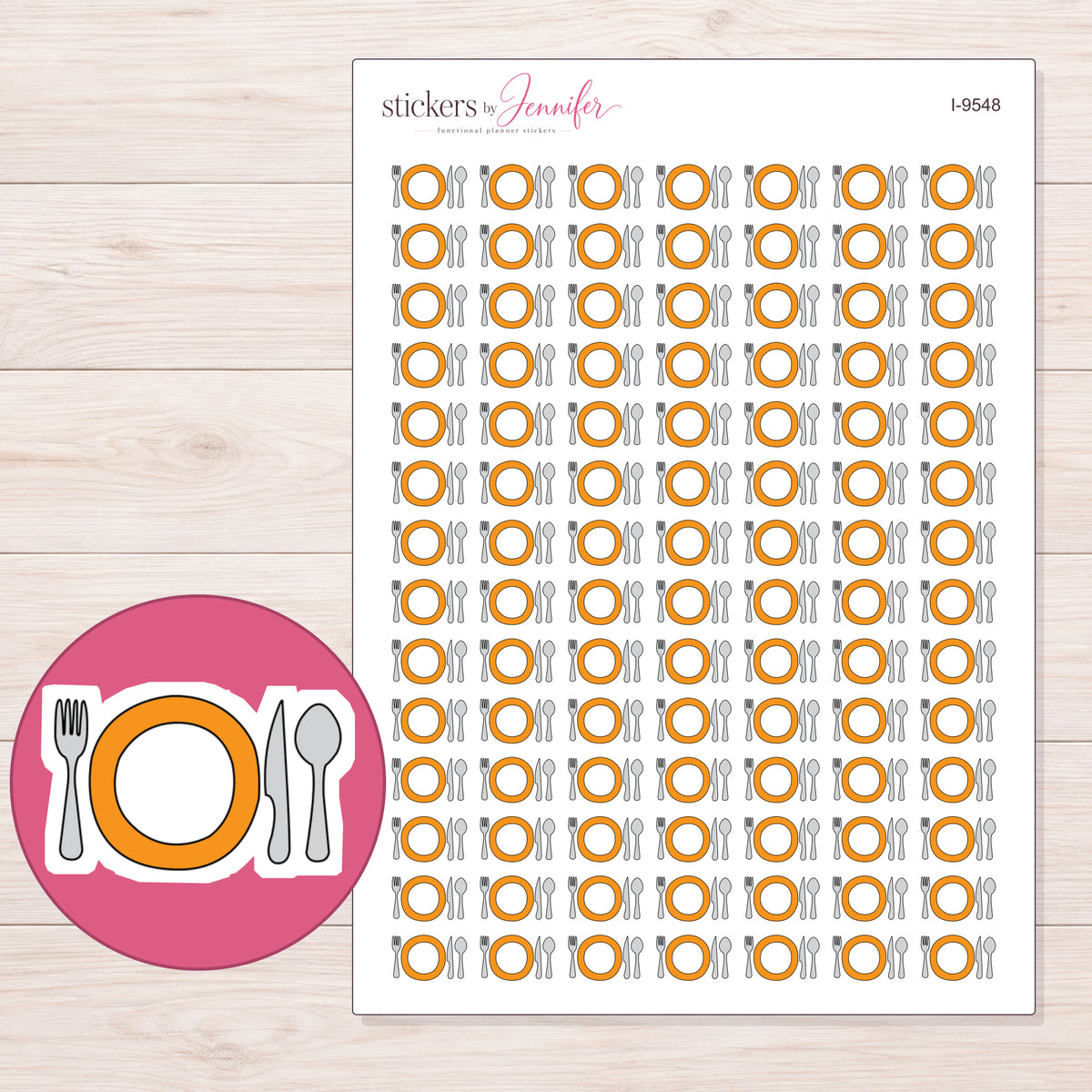 Orange Plate and Cutlery Planner Stickers | I-9548 — 5 × 7 inch sheet and enlarged sticker detail