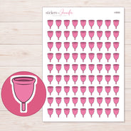 Pink Menstrual Cup Planner Stickers | I-9550 — 5 × 7 inch sheet and enlarged sticker detail