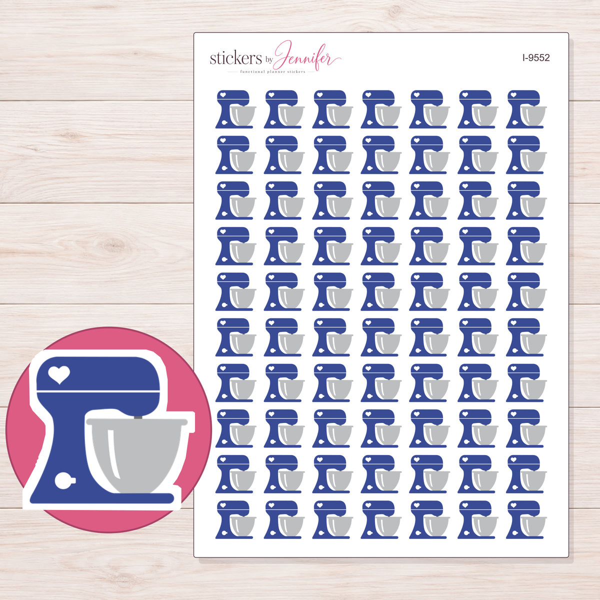 Navy Heart Stand Mixer Planner Stickers | I-9552 — 5 × 7 inch sheet and enlarged sticker detail