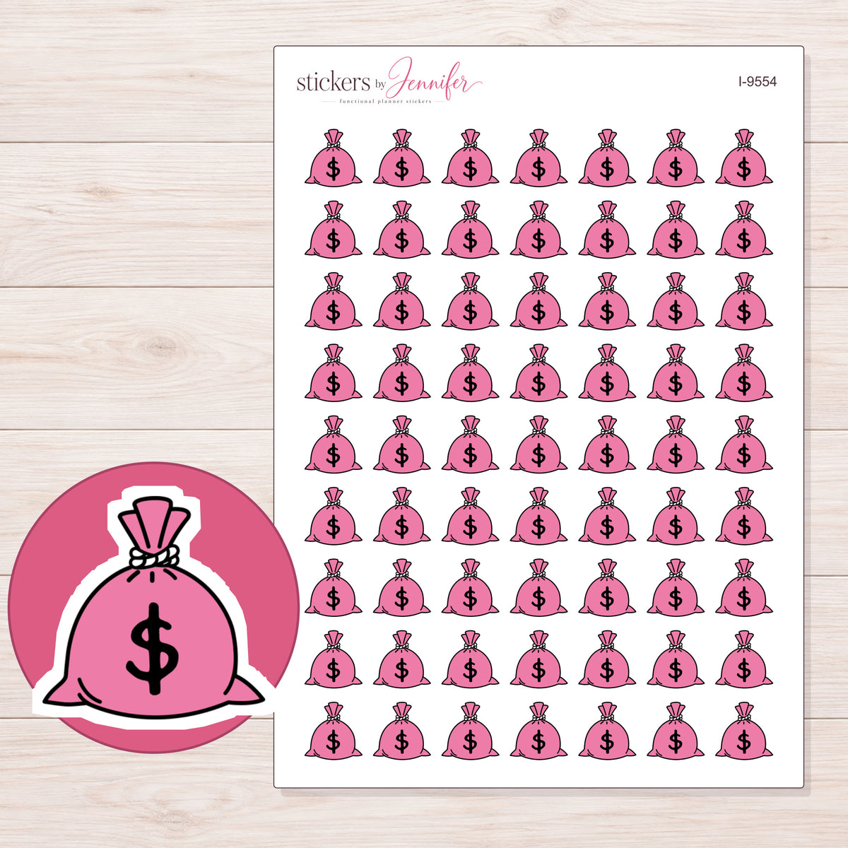 Pink Money Bag Planner Stickers | I-9554 — 5 × 7 inch sheet and enlarged sticker detail