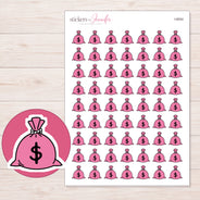 Pink Money Bag Planner Stickers | I-9554 — 5 × 7 inch sheet and enlarged sticker detail