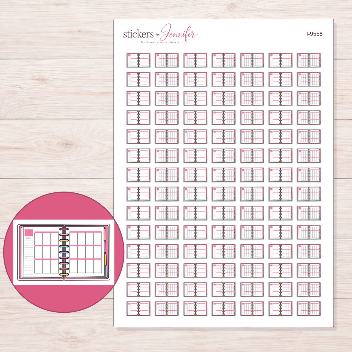 Open Pink Weekly Planner Stickers | I-9558 — 5 × 7 inch sheet and enlarged sticker detail