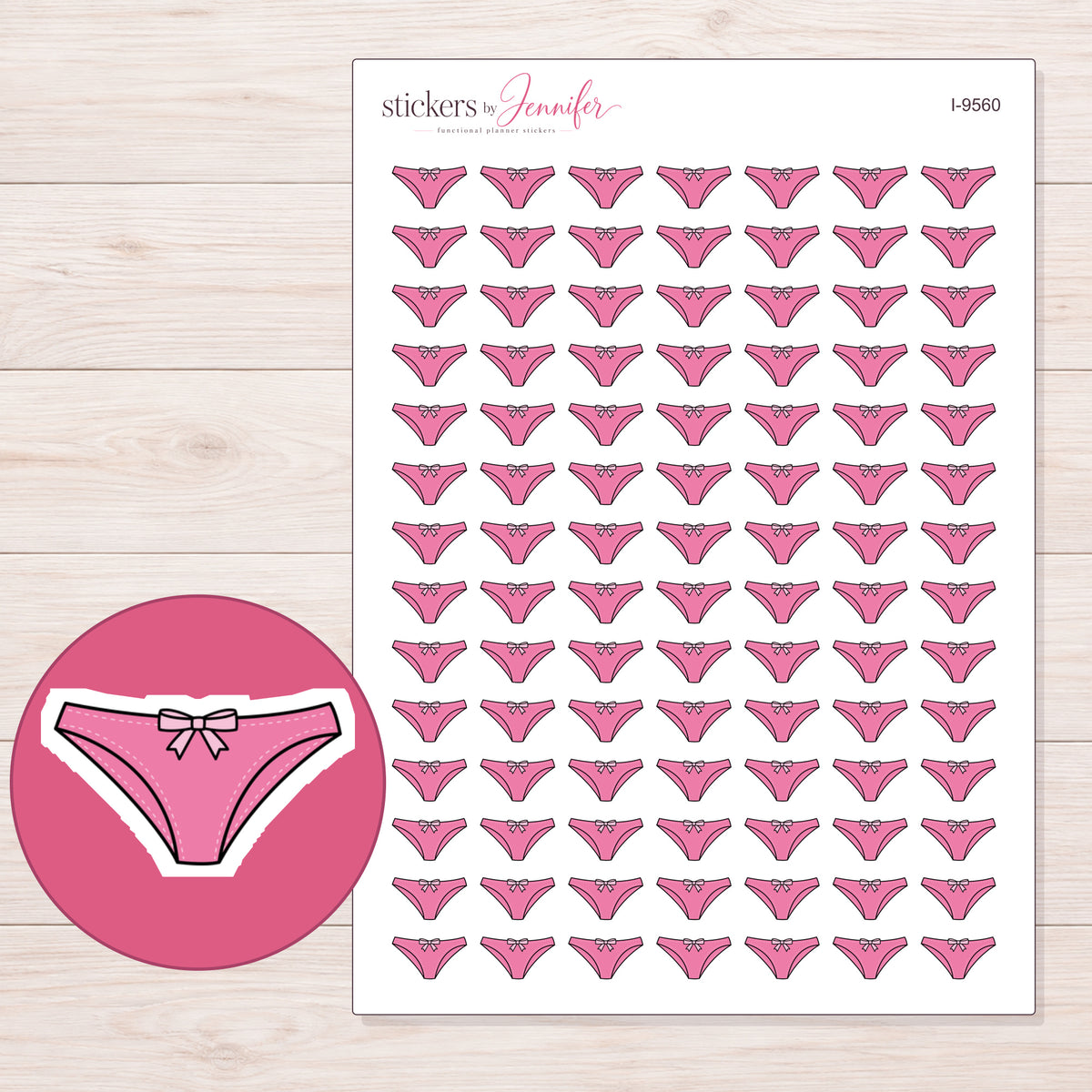 Pink Bow Underwear Planner Stickers | I-9560 — 5 × 7 inch sheet and enlarged sticker detail