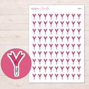 Pink Ribbon Paper Clip Planner Stickers | I-9561 — 5 × 7 inch sheet and enlarged sticker detail