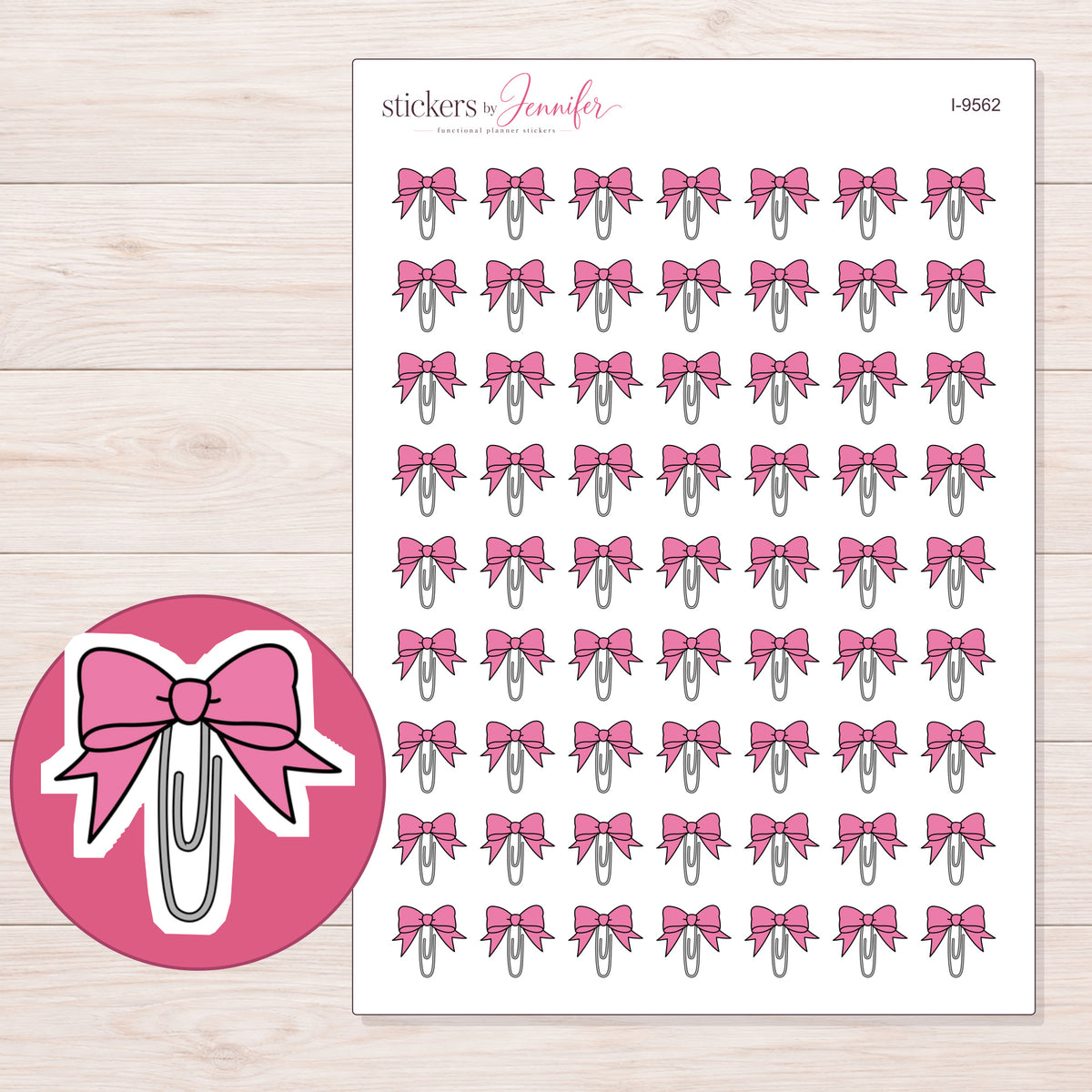 Pink Bow Paper Clip Planner Stickers | I-9562 — 5 × 7 inch sheet and enlarged sticker detail
