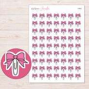 Pink Bow Paper Clip Planner Stickers | I-9562 — 5 × 7 inch sheet and enlarged sticker detail