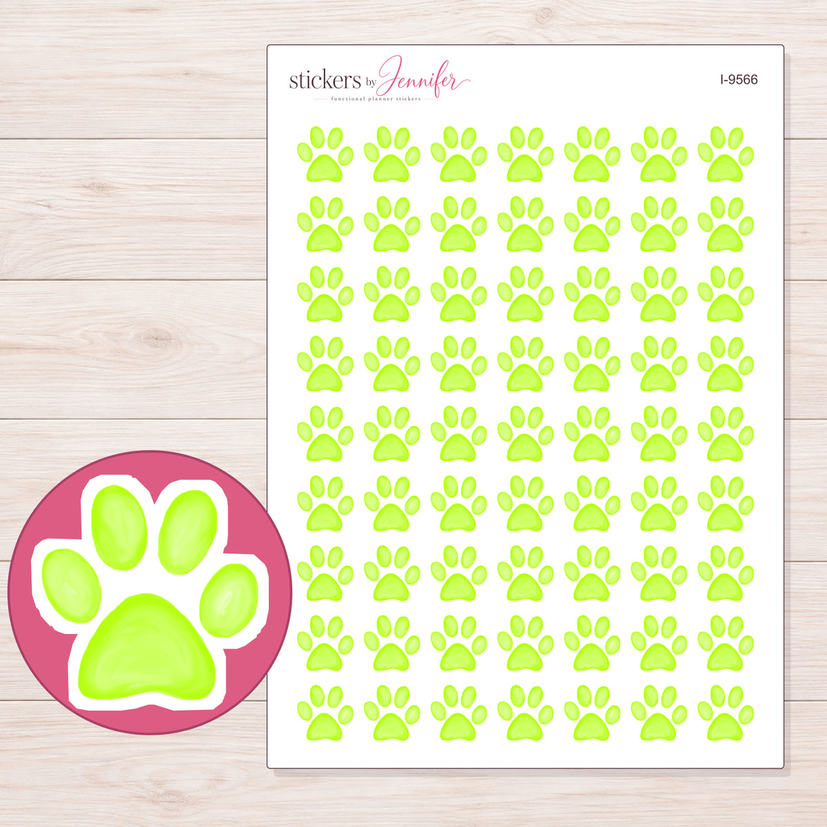 Lime Green Paw Print Planner Stickers | I-9566 — 5 × 7 inch sheet and enlarged sticker detail