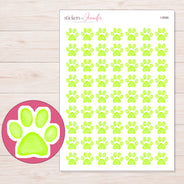 Lime Green Paw Print Planner Stickers | I-9566 — 5 × 7 inch sheet and enlarged sticker detail