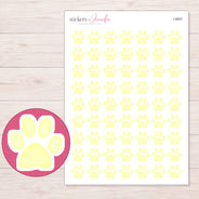 Pale Yellow Paw Print Planner Stickers | I-9567 — 5 × 7 inch sheet and enlarged sticker detail