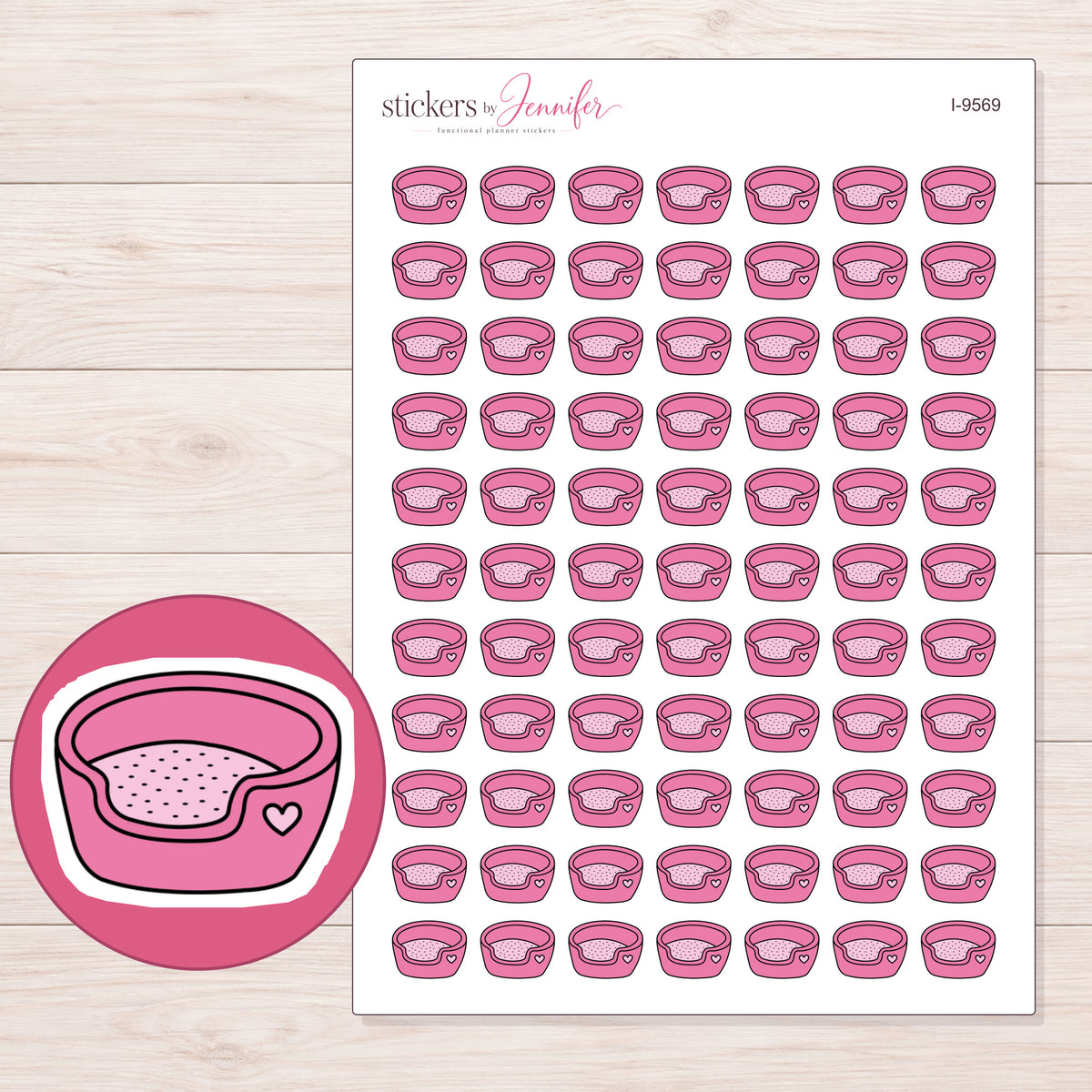 Pink Heart Pet Bed Planner Stickers | I-9569 — 5 × 7 inch sheet and enlarged sticker detail
