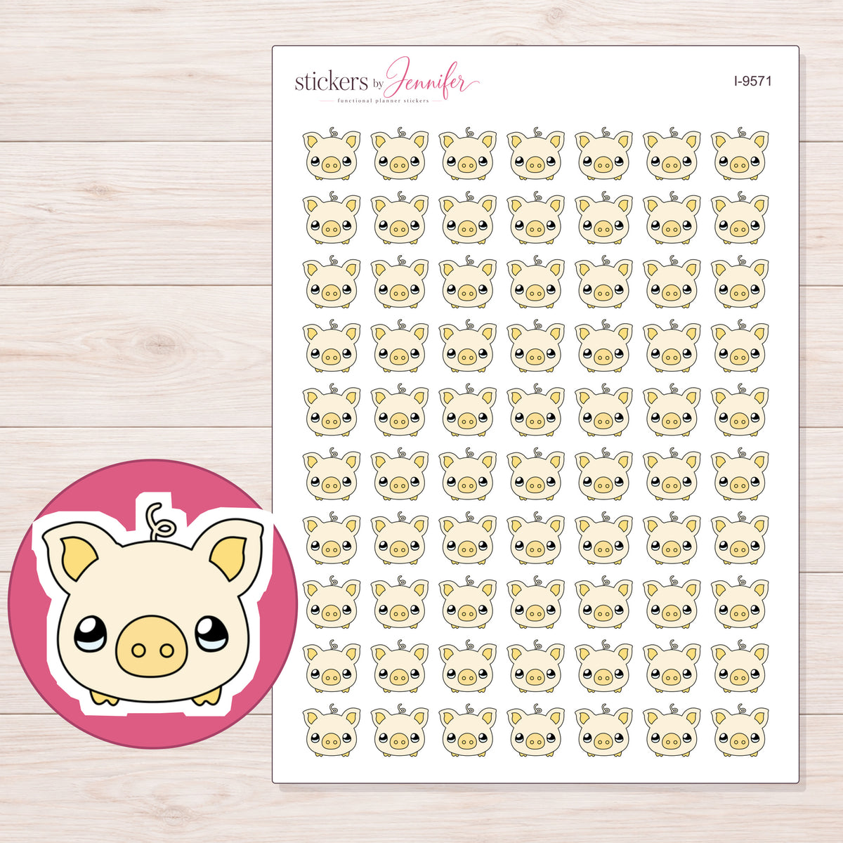 Cream Piggy Bank with Coin Planner Stickers | I-9571 — 5 × 7 inch sheet and enlarged sticker detail