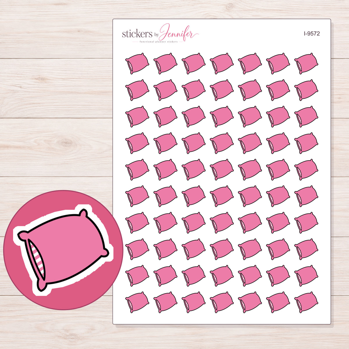 Pink Pillow Planner Stickers | I-9572 — 5 × 7 inch sheet and enlarged sticker detail