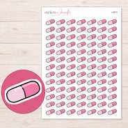 Pink Capsule Planner Stickers | I-9573 — 5 × 7 inch sheet and enlarged sticker detail