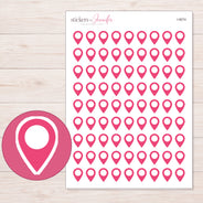 Pink Location Pin Planner Stickers | I-9574 — 5 × 7 inch sheet and enlarged sticker detail