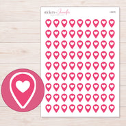 Pink Heart Location Pin Planner Stickers | I-9575 — 5 × 7 inch sheet and enlarged sticker detail