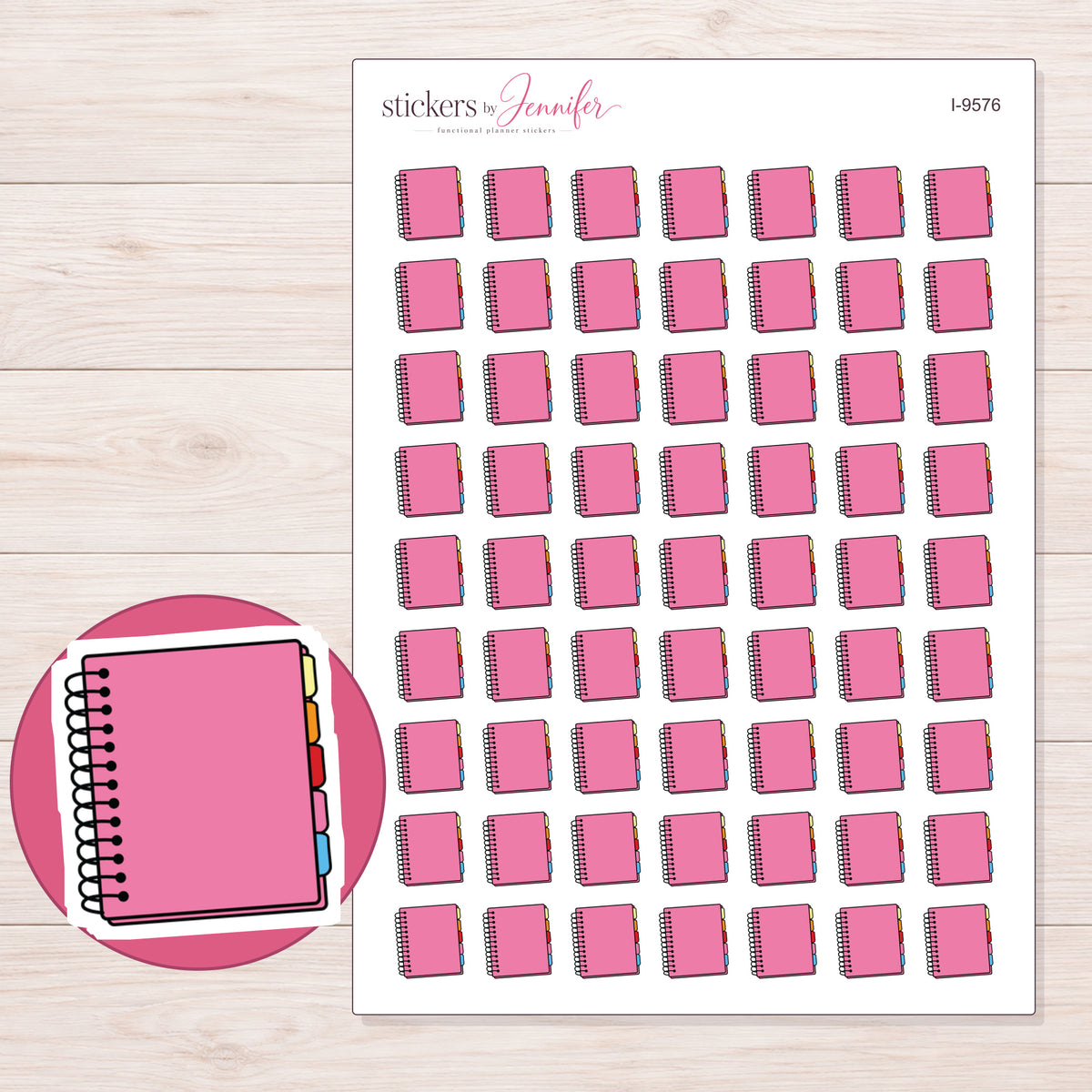 Pink Tabbed Spiral Planner Stickers | I-9576 — 5 × 7 inch sheet and enlarged sticker detail