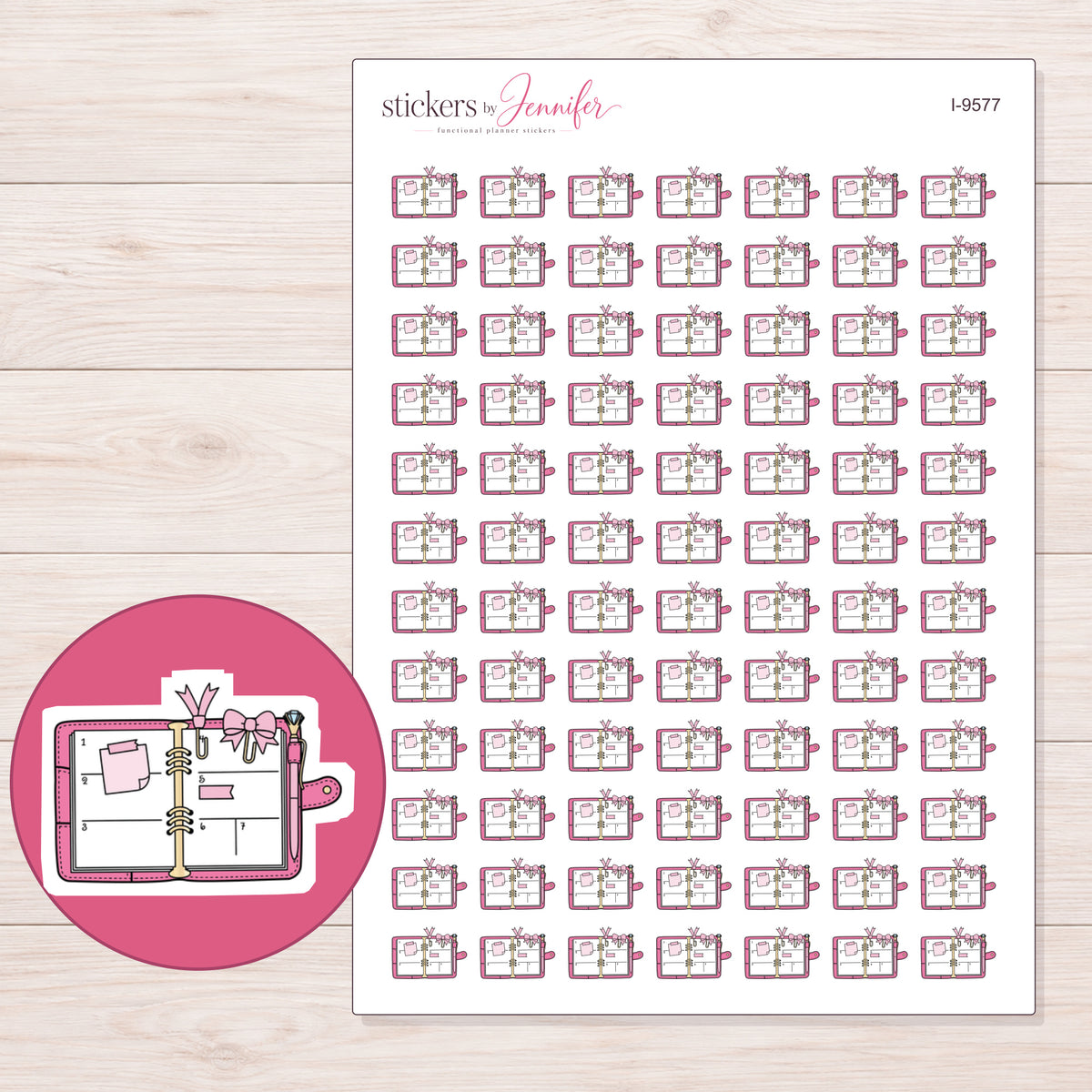 Decorated Open Pink Planner Stickers | I-9577 — 5 × 7 inch sheet and enlarged sticker detail