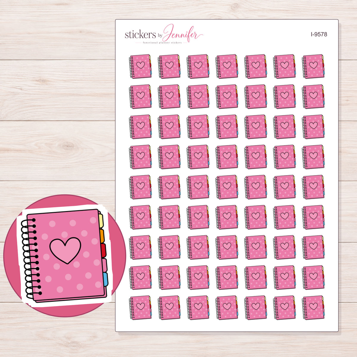 Pink Polka Dot Heart Planner Stickers | I-9578 — 5 × 7 inch sheet and enlarged sticker detail