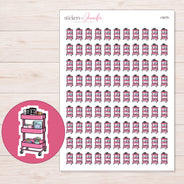 Pink Planner Supply Cart Planner Stickers | I-9579 — 5 × 7 inch sheet and enlarged sticker detail