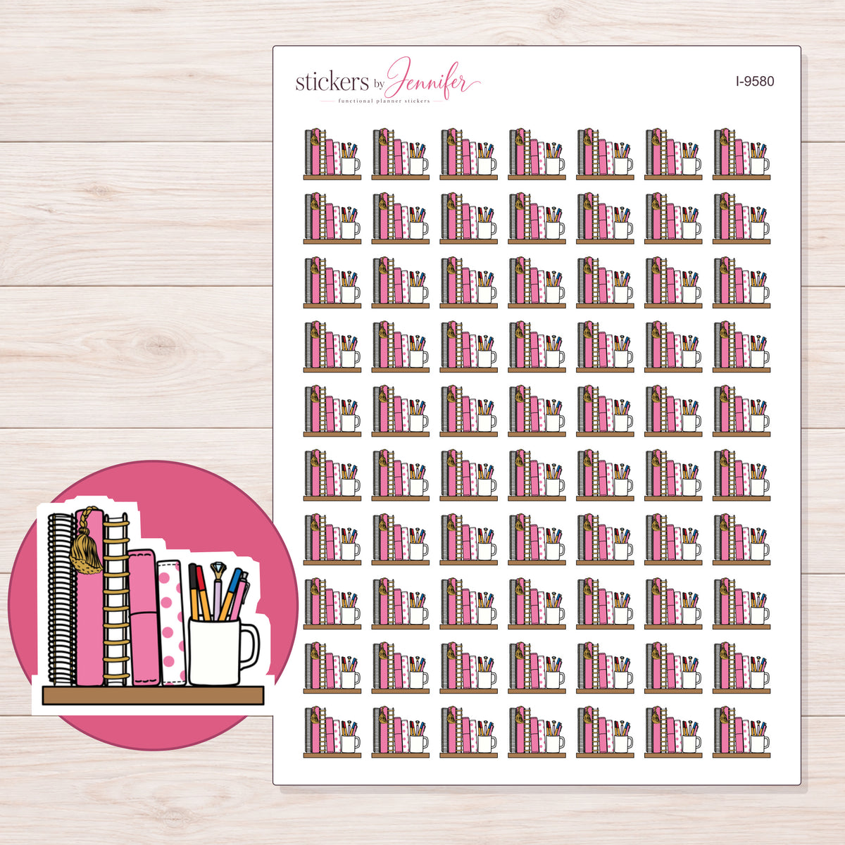 Planner Books and Pencil Cup Planner Stickers | I-9580 — 5 × 7 inch sheet and enlarged sticker detail
