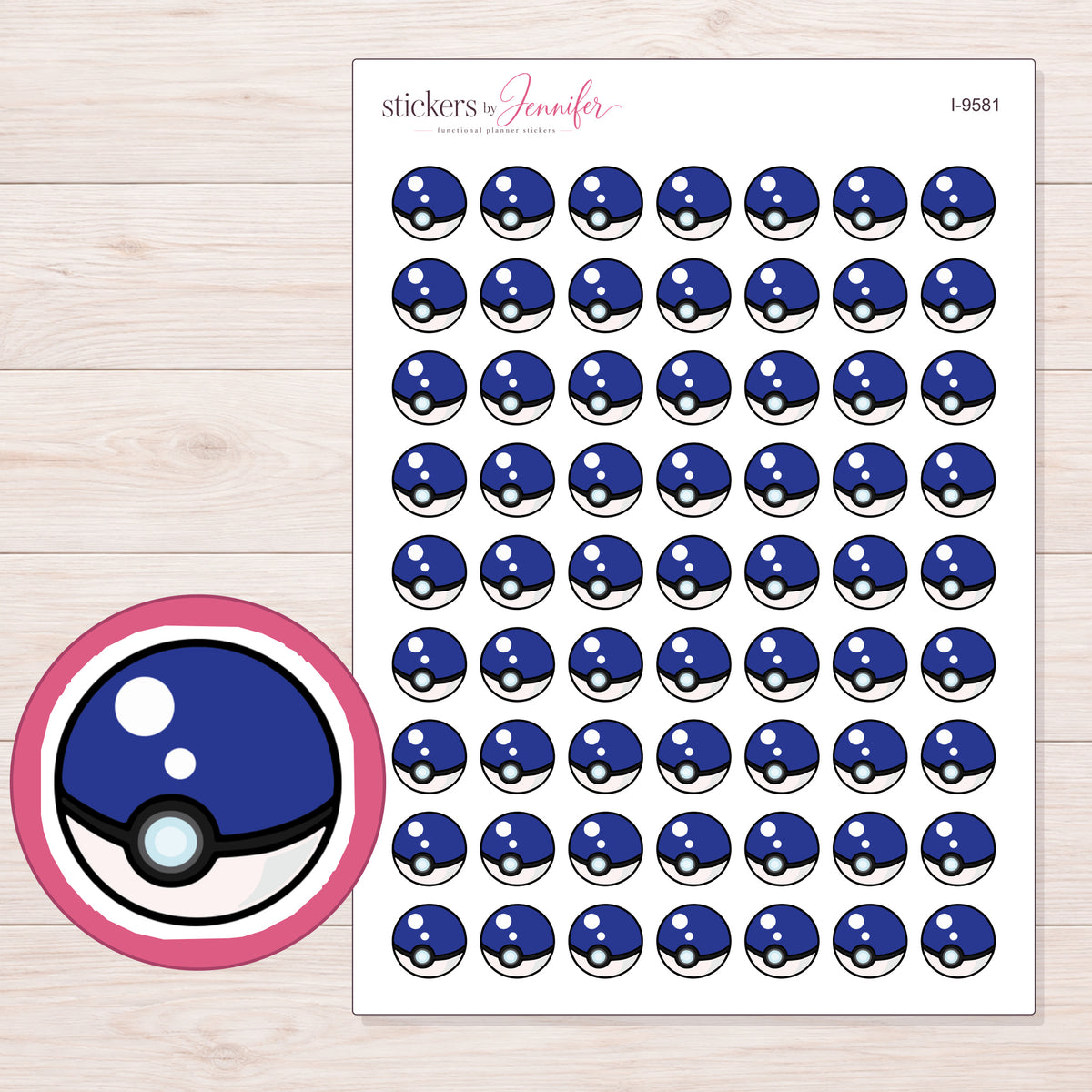 Blue Capture Ball Planner Stickers | I-9581 — 5 × 7 inch sheet and enlarged sticker detail