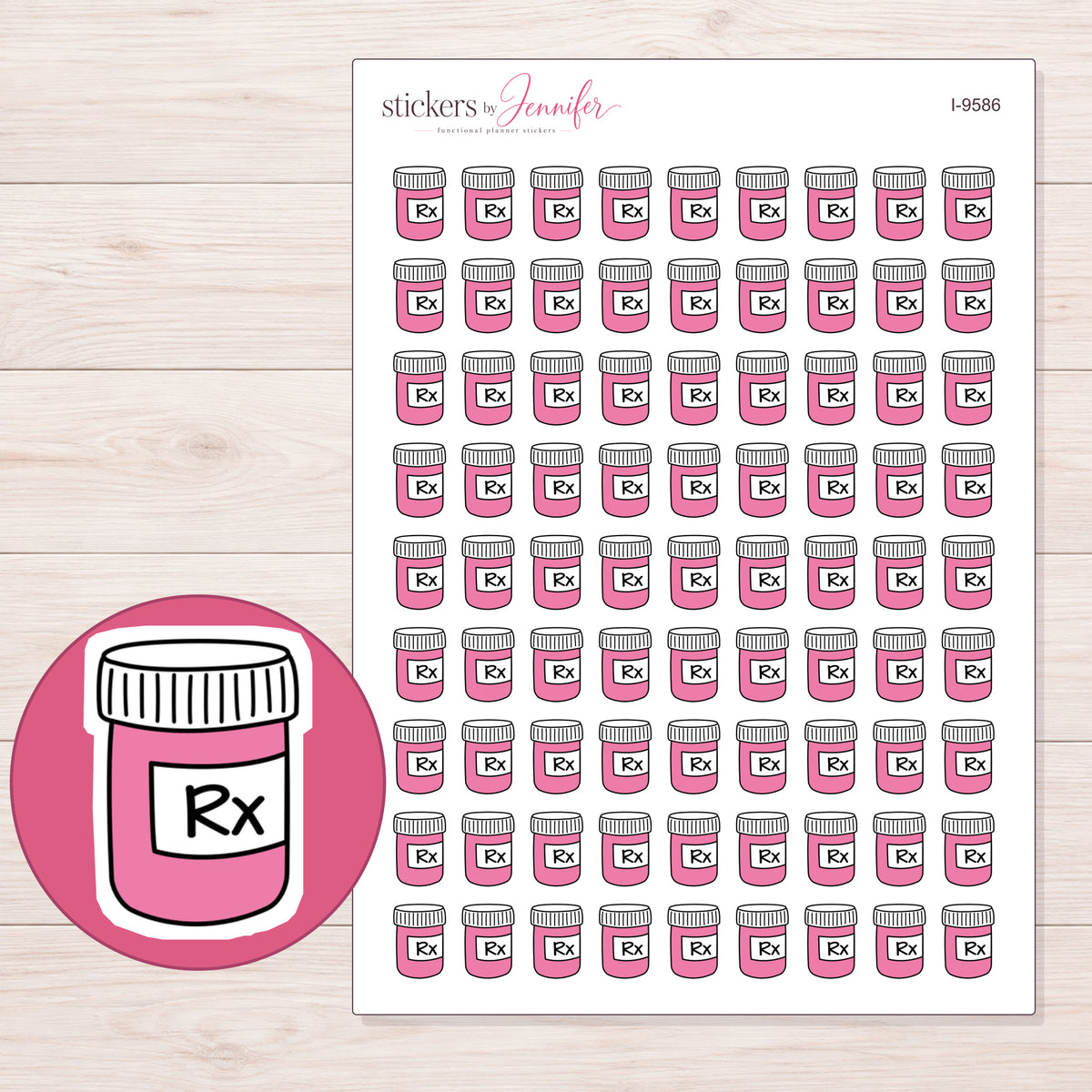 Pink Prescription Bottle Planner Stickers | I-9586 — 5 × 7 inch sheet and enlarged sticker detail
