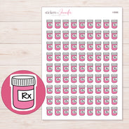 Pink Prescription Bottle Planner Stickers | I-9586 — 5 × 7 inch sheet and enlarged sticker detail