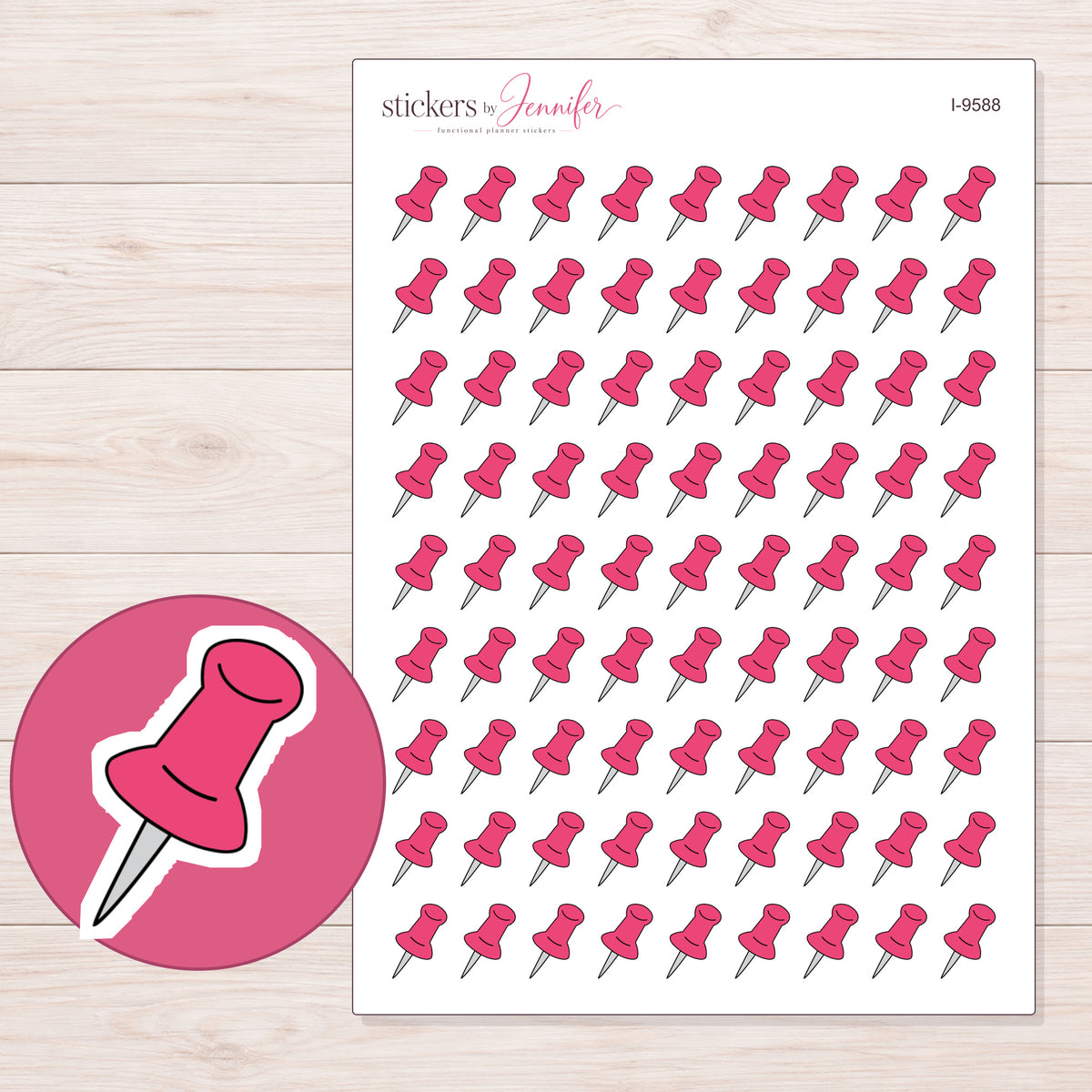 Pink Push Pin Planner Stickers | I-9588 — 5 × 7 inch sheet and enlarged sticker detail