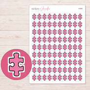 Pink Puzzle Piece Planner Stickers | I-9589 — 5 × 7 inch sheet and enlarged sticker detail
