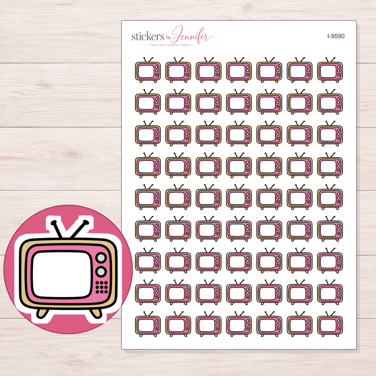 Pink Retro Television Planner Stickers | I-9590 — 5 × 7 inch sheet and enlarged sticker detail