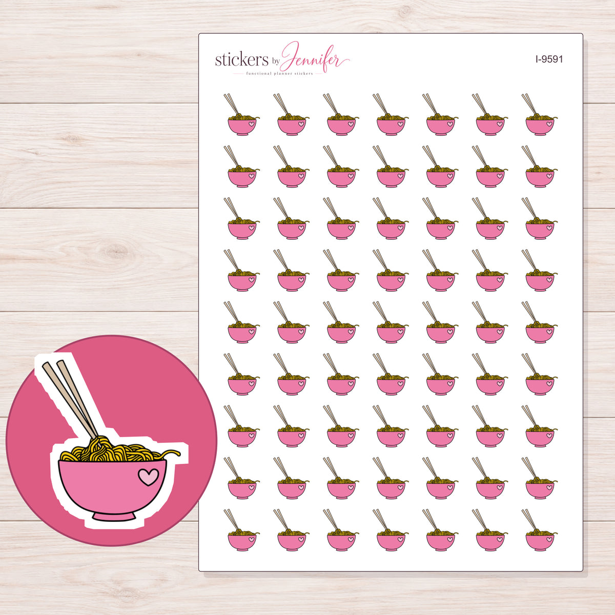 Pink Heart Ramen Bowl Planner Stickers | I-9591 — 5 × 7 inch sheet and enlarged sticker detail