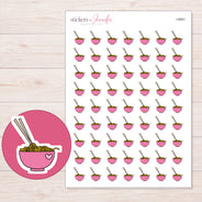 Pink Heart Ramen Bowl Planner Stickers | I-9591 — 5 × 7 inch sheet and enlarged sticker detail
