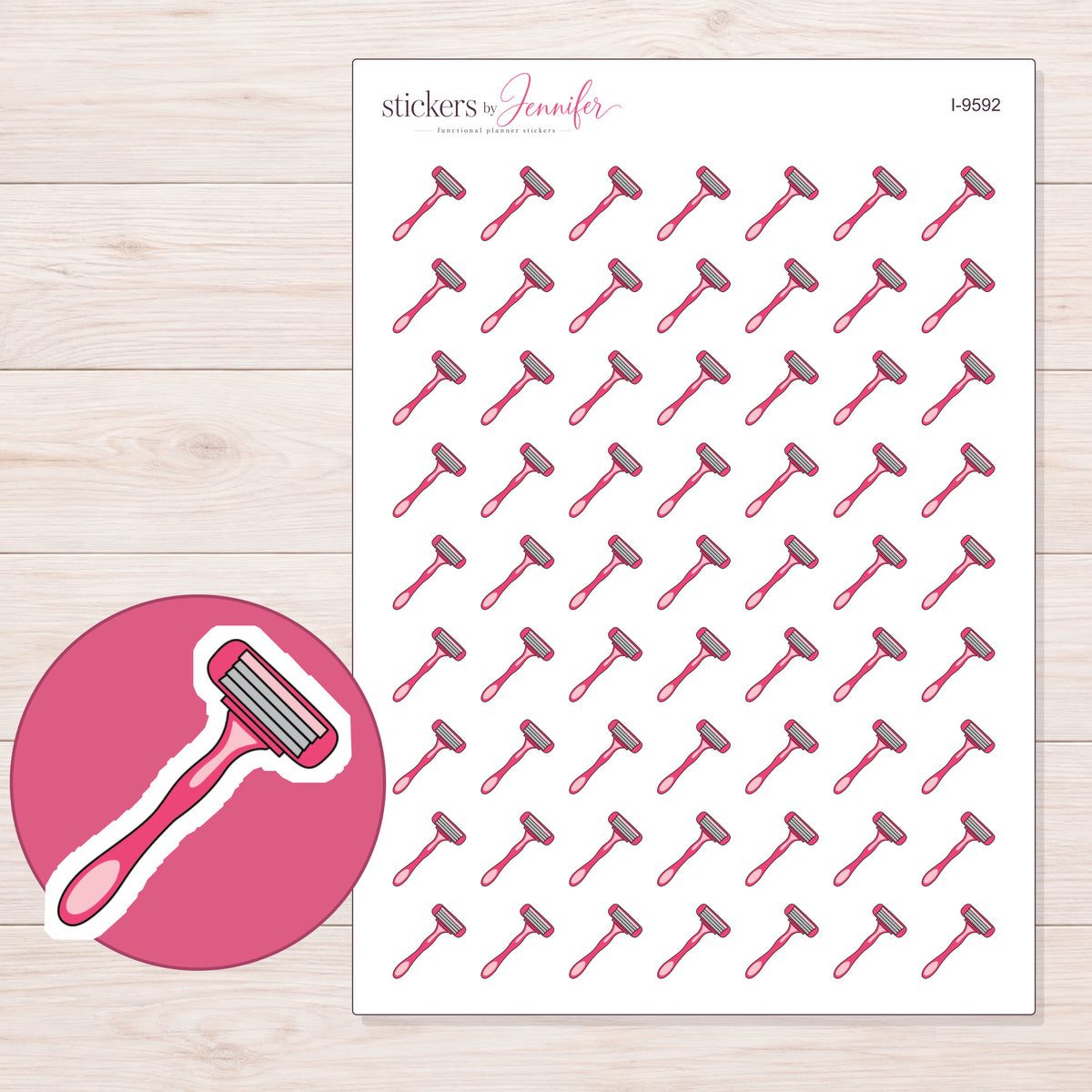 Pink Razor Planner Stickers | I-9592 — 5 × 7 inch sheet and enlarged sticker detail